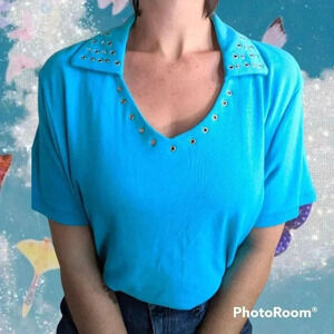 Vintage KiKIT Teal Blue Eyelet Collar Top Size XL